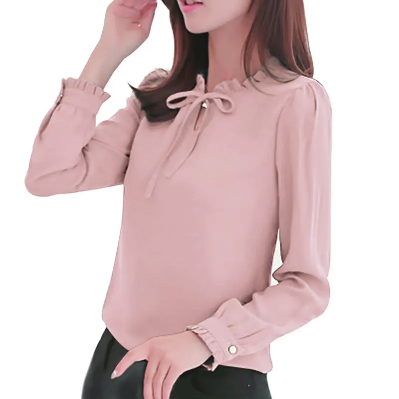 Spring  Women Blue Shirts Long Sleeve Stand Collar Bow Blouses Elegant Ladies Chiffon Blouse Tops Fashion Office Work Wear