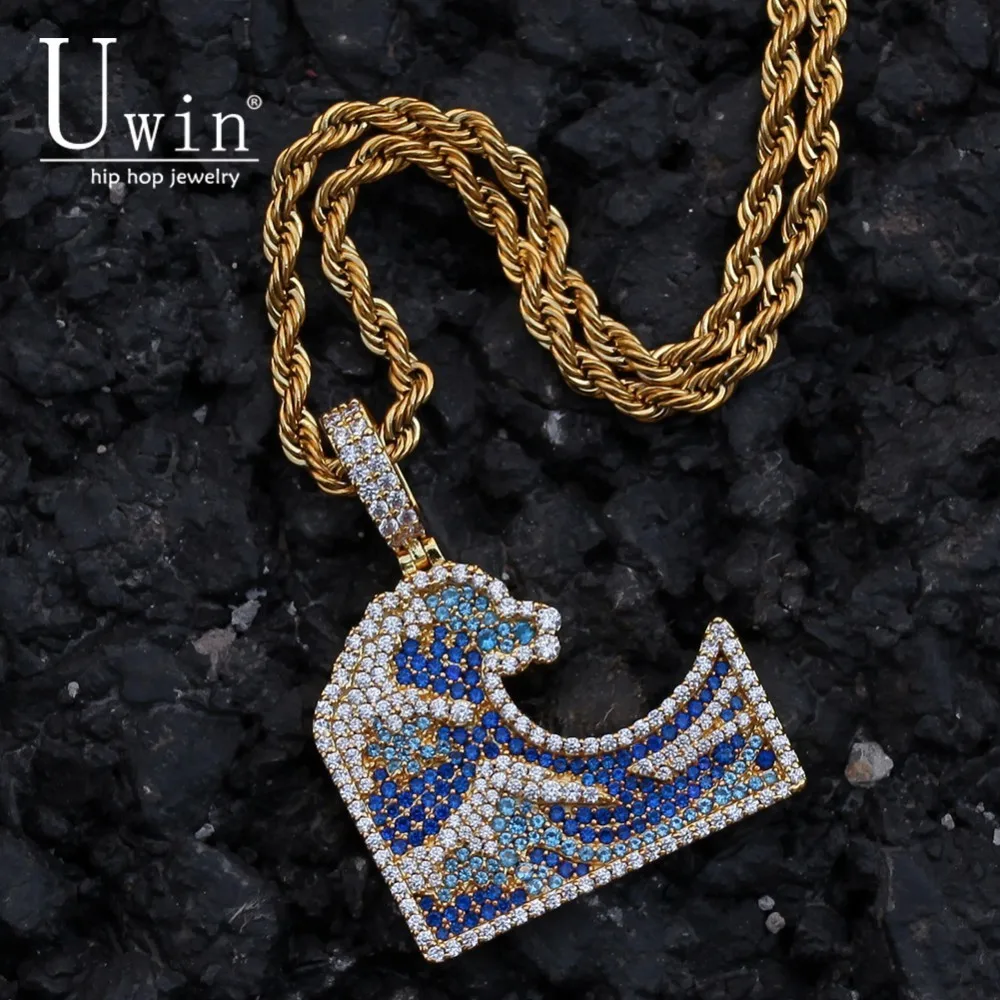 

UWIN Sea Wave Cz Pendant Bule Stone Full Iced Out Bling Micro Paved Copper Material Necklace Chain Fashion Hiphop Jewelry