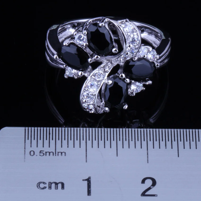 Admirable Plant Black Cubic Zirconia White CZ Silver Plated Ring V0144