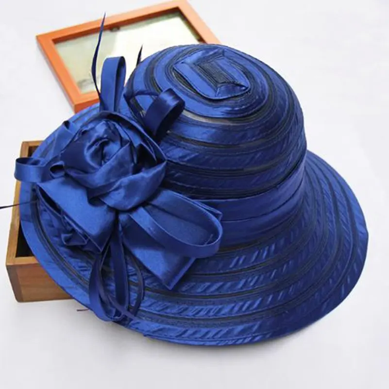 New Fashion Women Summer Organza Sun Hats Wide Brim With Big Flower Fedora Hat Elegant Ladies Wedding Church Party Hat