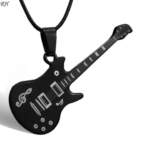 Fashion 316L Stainless Steel Guitar Pendant Necklace for Women Men Simple Black Leather Chain Necklaces Unisex Jewelry