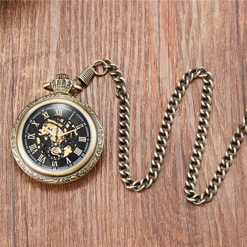 Vintage Mechanical Pocket Watch Hollow Phoenix Bird Roman Skeleton Clock Hand Winding Men Fob Chain Watches Double Case Clock