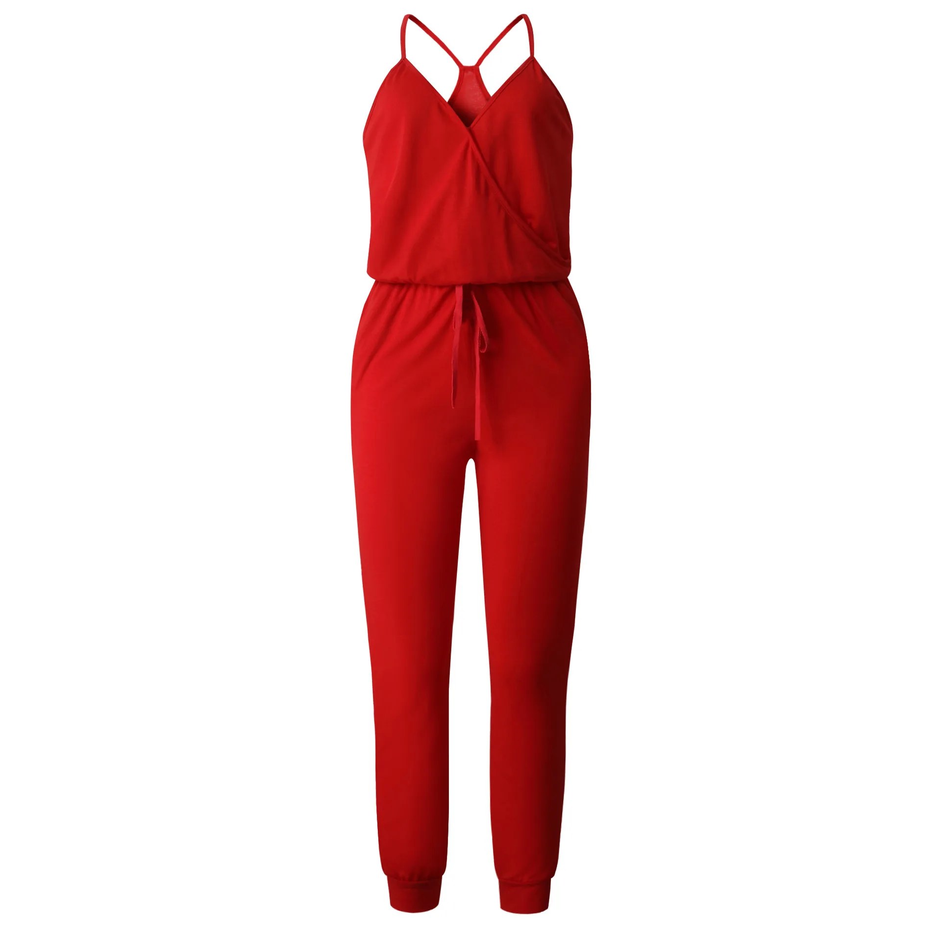 Solid Fashion Summer Women Jumpsuit Romper Sexy V Neck Backless Lace-up Beach Bodycon strap femme Jumpsuit Overalls long pants