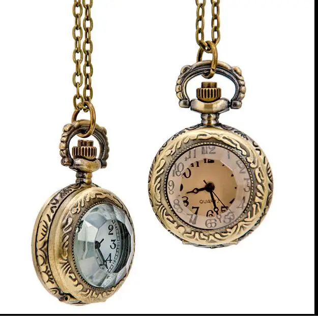 Antique Dark Brown White Glass Necklace Quartz Pocket Watch Bronze Chain Gift P05