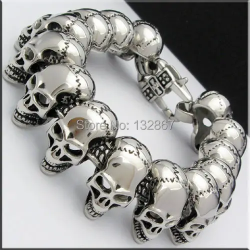 

COOL WIDE HEAVY HORRIBLE SKULL BIKER Stainless Steel Link Bracelet 8.5" 130g 24mm