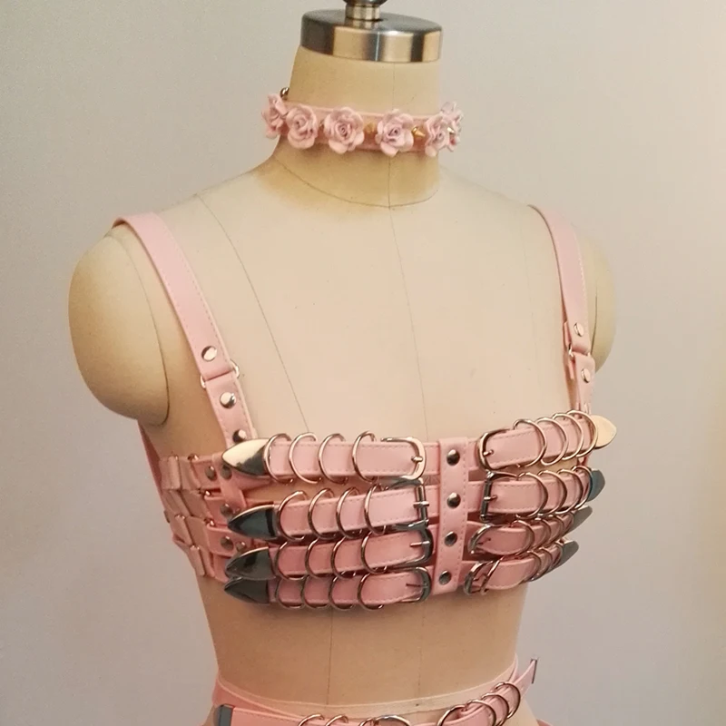 100% Handmade Punk Gothic PU Leather Bra Top Heavy Duty 4 Row Body Waist Belt Waist Cincher Suspender