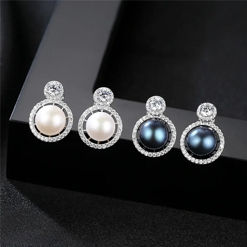 High Quality S925 Sterling Silver White Black Pearl Earrings Clear CZ Zircon Woman Earring Free Shipping