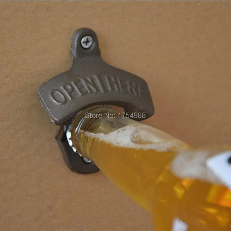 Free shipping 50pcs/lot Wall bottle Opener Wine Beer Mount Cap IRON CAFE BAR WALL OPEN HERE Retro vintage fixed wall-mounted