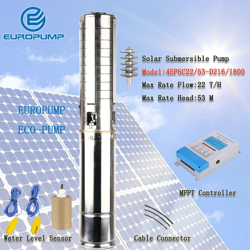 

Модель EUROPUMP (4EPSC22/53-D216/1800), 4 дюйма, DC, бесщеточные потоковые солнечные буровые насосы, Погружной Солнечный насос, солнечный насос переменного тока 220 В