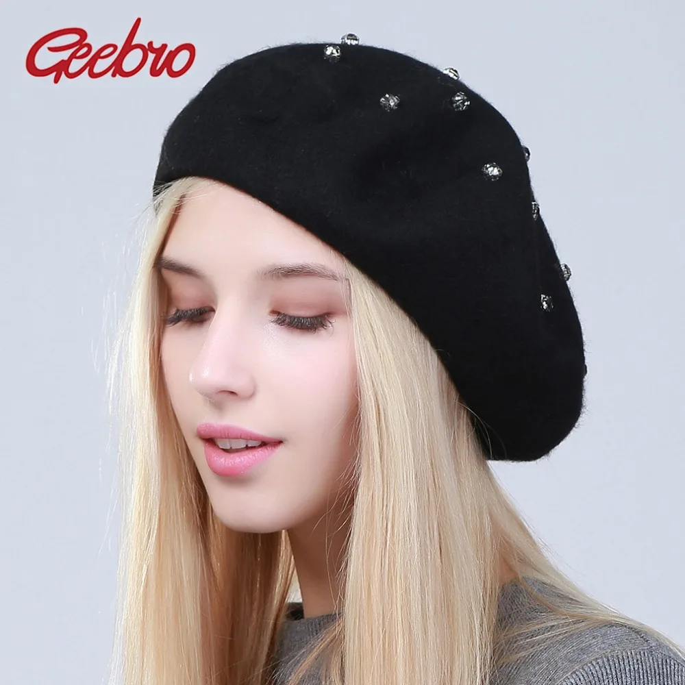 Geebro Women\'s Beret Hat Fashion Solid Color Wool Knitted Berets With Rhinestones Ladies French Artist Beanie Beret Hat GS104