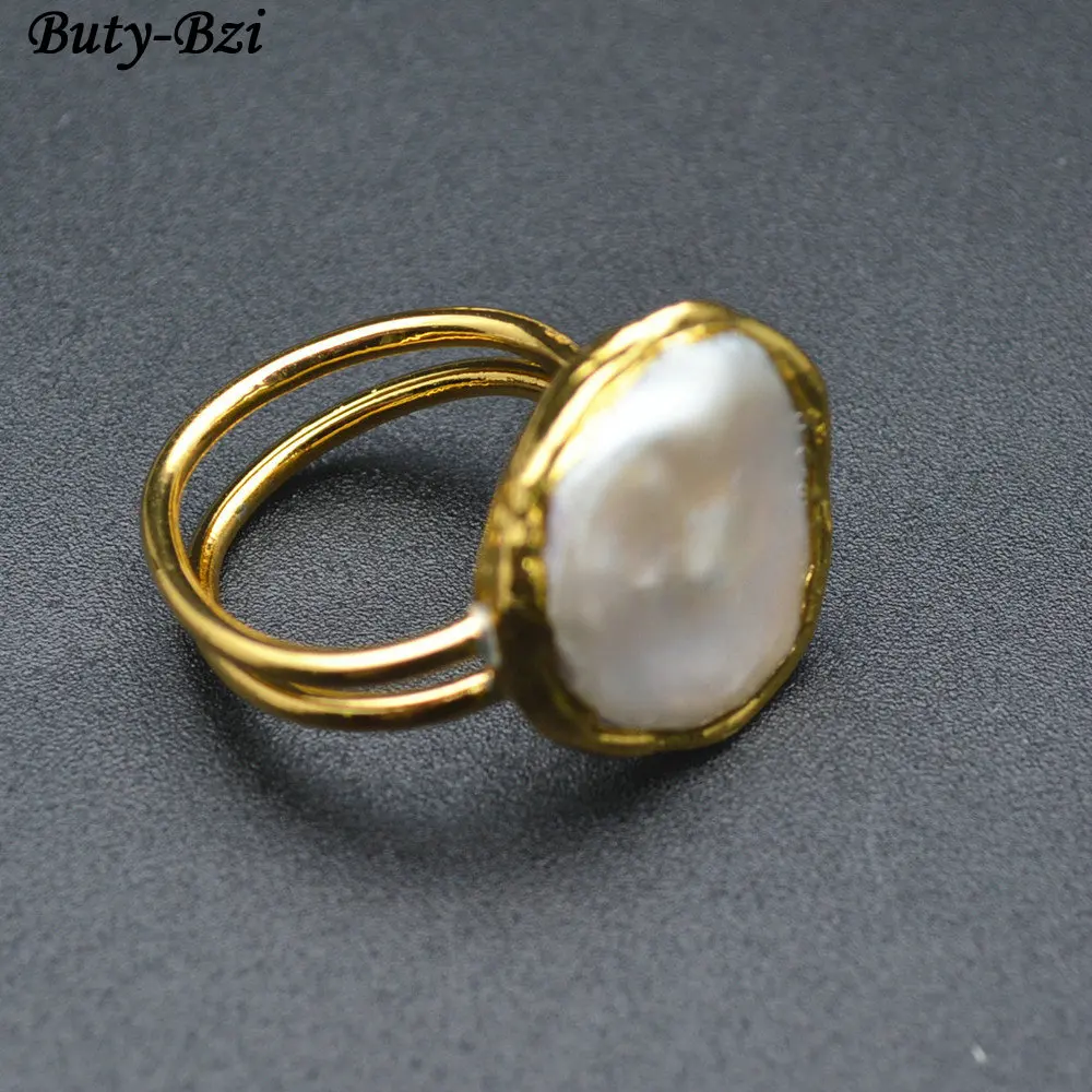 Natural White Pearl Gold Plating Circle Metal Rings Fashion Party Jewelry