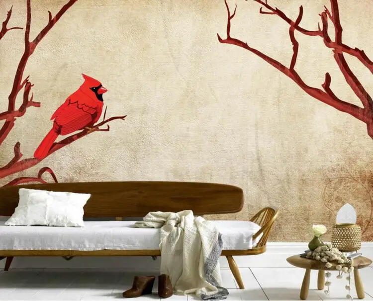 

Custom 3d murals, Nostalgic retro red birds on branches papel de parede,living room sofa TV wall bedroom wallpaper mural kids