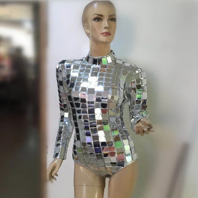 Sequin Spiegel Licht Een Stuk Bodysuit Vrouwen Sexy Zilveren Zangeres Dj Ds Dance Stage Kostuum Outfit Tonen Kleding jurk Dragen