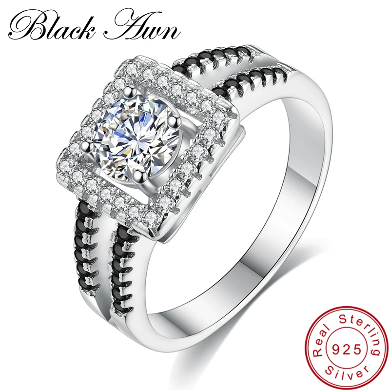 

[BLACK AWN] Genuine 925 Sterling Silver Jewelry Square Engagement Rings for Women Black Spinel Femme Ring Bijoux Bague C215