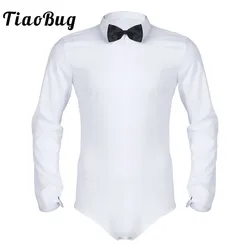 Men Long Sleeve Zipper Solid Color Latin Modern Dance Shirt with Bowtie Romper Shirt Sexy Male Lyrical Dance Costumes