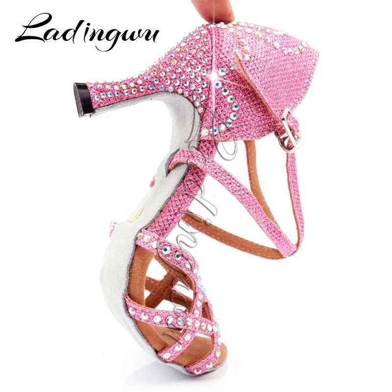 Ladingwu Pink Glitter Dance Shoes Latin Woman Crown Pattern Rhinestone Design Ballroom Dance Shoes Girls Profession Salsa Shoes