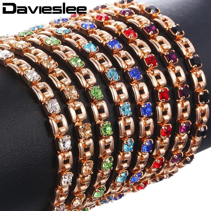 Davieslee Womens Bracelet Jewelry 585 Rose Gold Color Bracelets For Women Square Bismark Multi Colors CZ Stone 5.5mm DGBM101