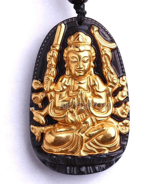 

Beautiful Handwork Natural Black Obsidian + 18K Solid Gold Chinese Thousand-Hand GuanYin Lucky Pendant + Beads Necklace Jewelry