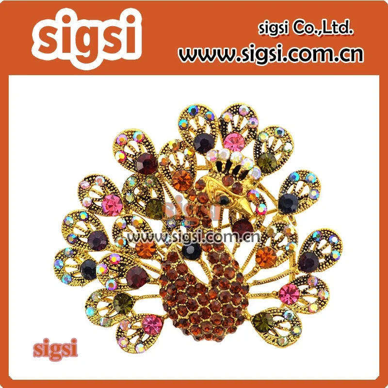 shiny crystal rhinestone peacock brooch gold plated