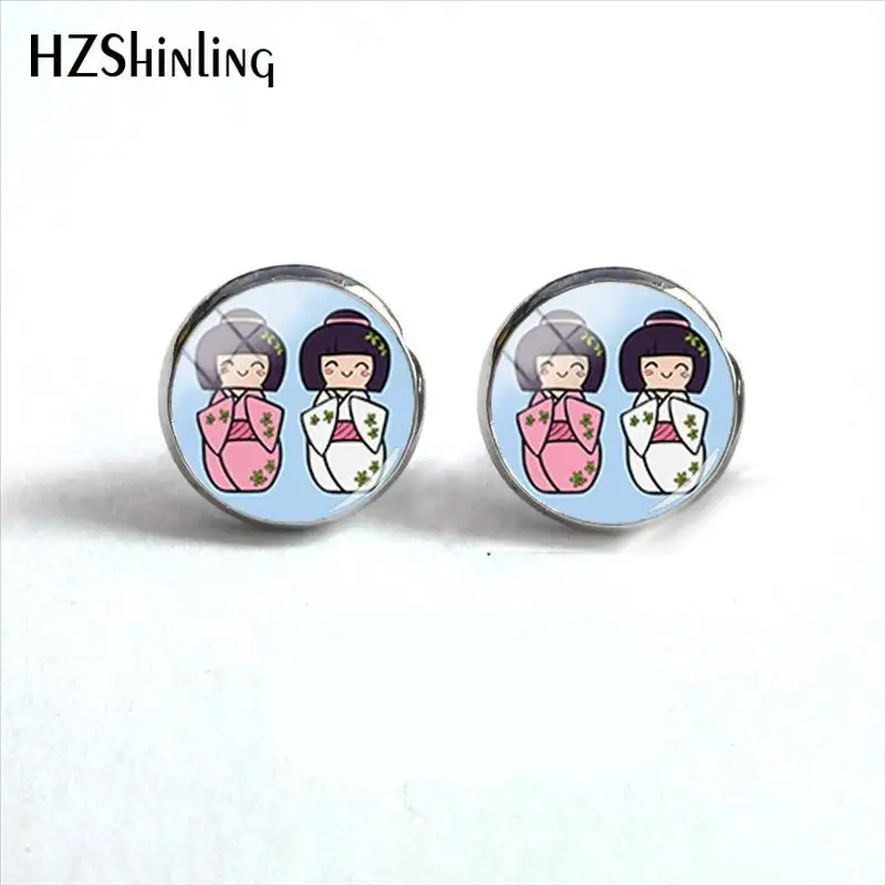 2018 New Kokeshi Japanese Dolls Round Earring Glass Dome Cabochon Earrings Handmade Photo Jewelry HZ4