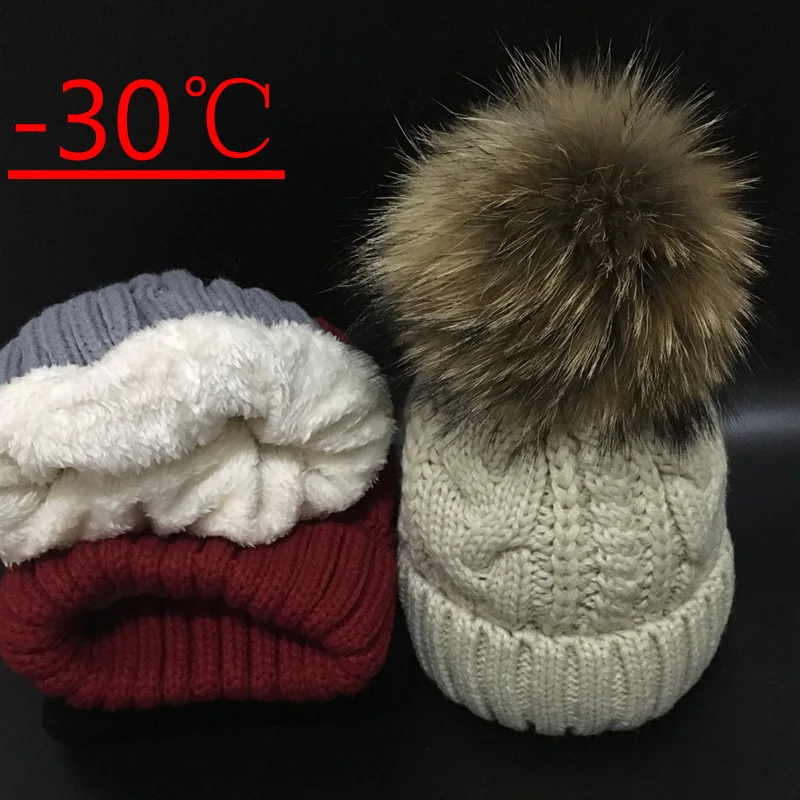 2022 Women\'s hats Add velvet Fleece Inside Beanies Winter Hats for women 100% Raccoon Fur Pompom Hat Female Twist pattern caps