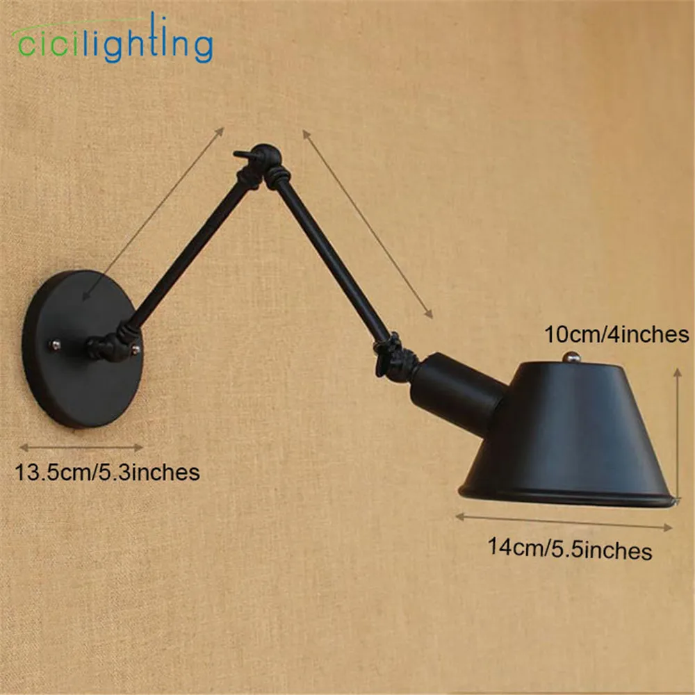 Vintage Black 20/25/35cm Double Swing Arms Wall Lights Antique Metal Shade luminaire Home Lighting for Office Study Reading Shop