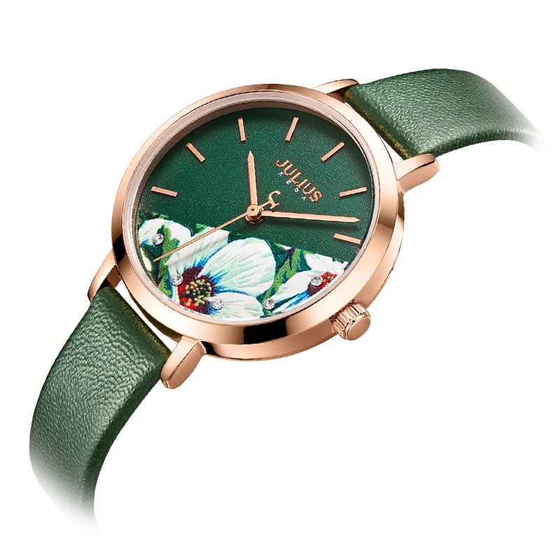 Julius Watch Green Fresh Girl\'s Fashion Watch Flower Design Delicate Gift Watch Clock For GF With Gift Box Packaging JA-1089