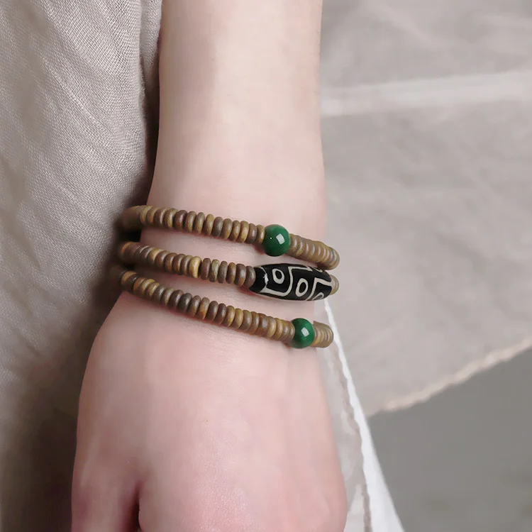 Retro Strand Bracelets Palo Santo Wood and Natural Stone Nine Eyes Dzi Ethnic Style with Green Stone  Vintage Jewelry