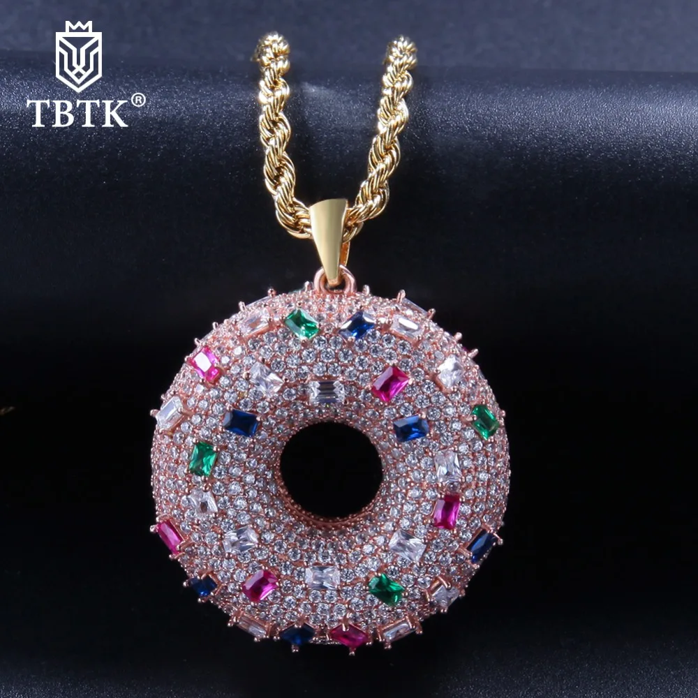 

TBTK Direct Selling Rose Gold Doughnut Pendant Necklace Copper Donut Charms Iced Out CZ Stone Trendy Sweet Buns Jewellry Unisex