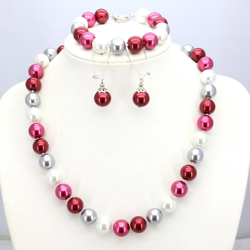 

Hot!Multicolor Glass Pearl Necklace Set 12mm Necklace 18"bracelet 7.5" Earring Women Elegant Jewelry Design