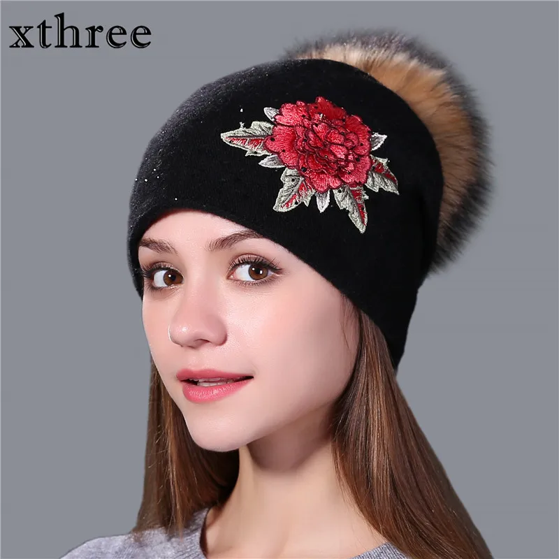 Xthree winter hat for women wool knitted hat Female  beanie cap embroidery real mink fur pom pom girl Skullie hat