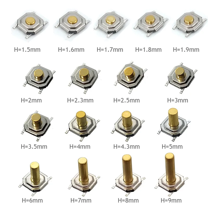 200pcs/lot 4 pins 4*4*1.5/1.6/1.7/1.9/2/2.3/2.5/3/3.5/4/4.3/5/6/7/8/9 mm SMD Tactile Push Button Waterproof Tact Switches 4x4mm