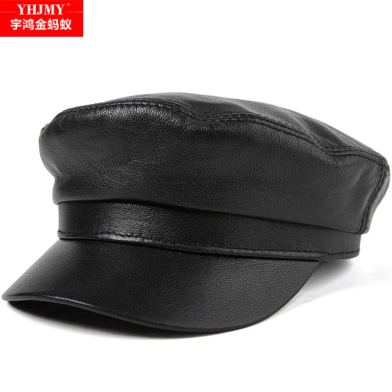 Genuine Leather Hat Cap Men's  Baseball Cap Adult Sheepskin Flat Caps Students Winter Leisure Leather Hats New Year Gift  B-8809