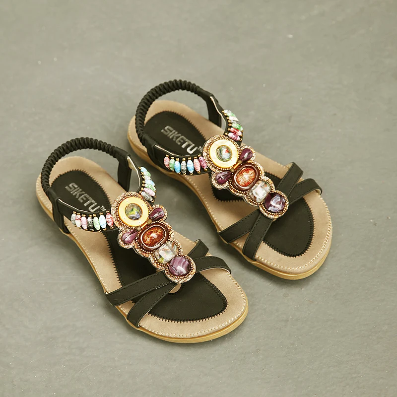 2024 summer new woman sandals stylish casual comfort Bohemia non-slip flat sandals beaded female beach shoes plus size