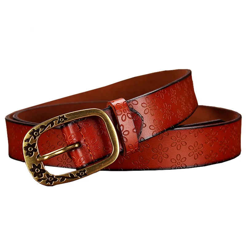 Fashion Genuine leather belts for women Vintage floral Pin buckle strap for jeans High quality second layer cow skin belt woman