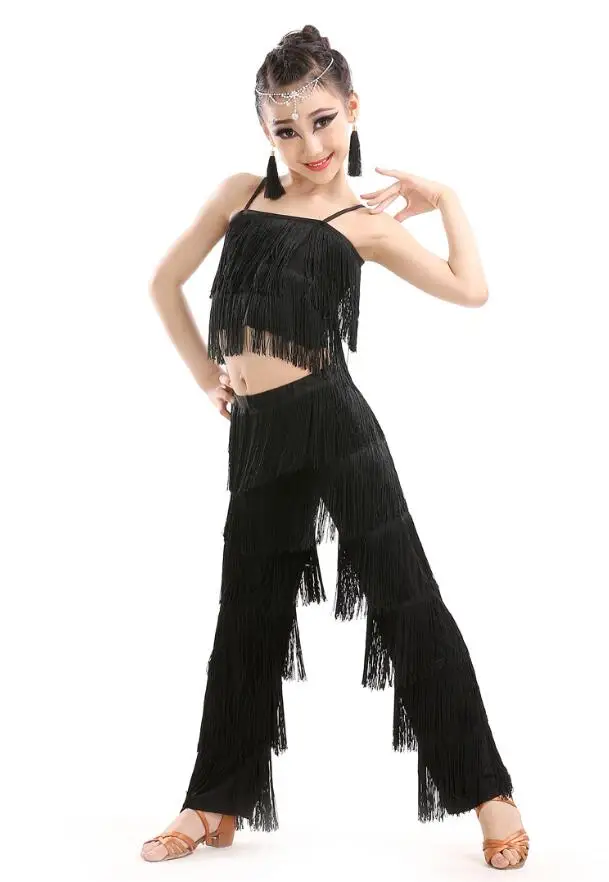 Samba tassel Latin dancewear costumes Girls Salsa ballroom Fringe trim dance Tops&Pants costume Adult Ballroom dancing dress