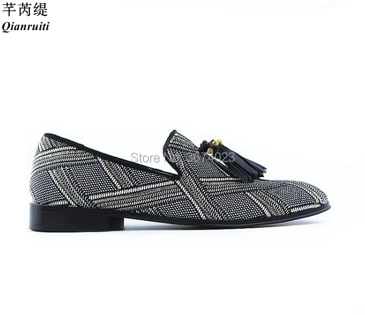 

Qianruiti Men Canvas Stripe Loafers Tassels Flats Slip-On Hemp Shoes Fashion Men Handmade Casual Shoes Prom Wedding Shoes