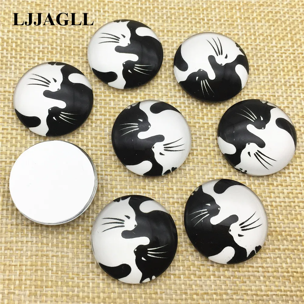 LJJAGLL Flat Dome Cameo Glass Cabochon Sleeping Hug Cats China Tai Ji Shape Pattern Fit Keychain Diy Jewelry Findings accessory