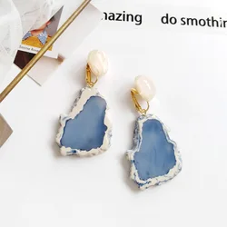 Acrylic Geometric Irregular Blue Mountain Stone Long Clip Earrings No Pierced Ears Resin Earrings For Women Girl Brincos