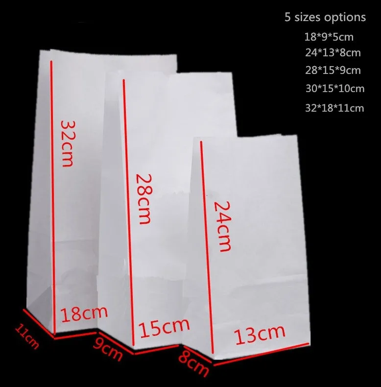 100pcs/lot-18*9*5cm Blank White Paper Bags Sandwich Bread Food Takeout Bag Wedding Party Favour Gift Bags 5 sizes options