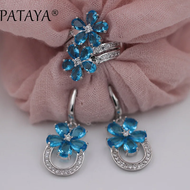 PATAYA RU Hot Sale Women Romantic Jewelry Sets Flower Natural Zirconia Earrings Ring Set True White Gold Color Wedding Jewelry