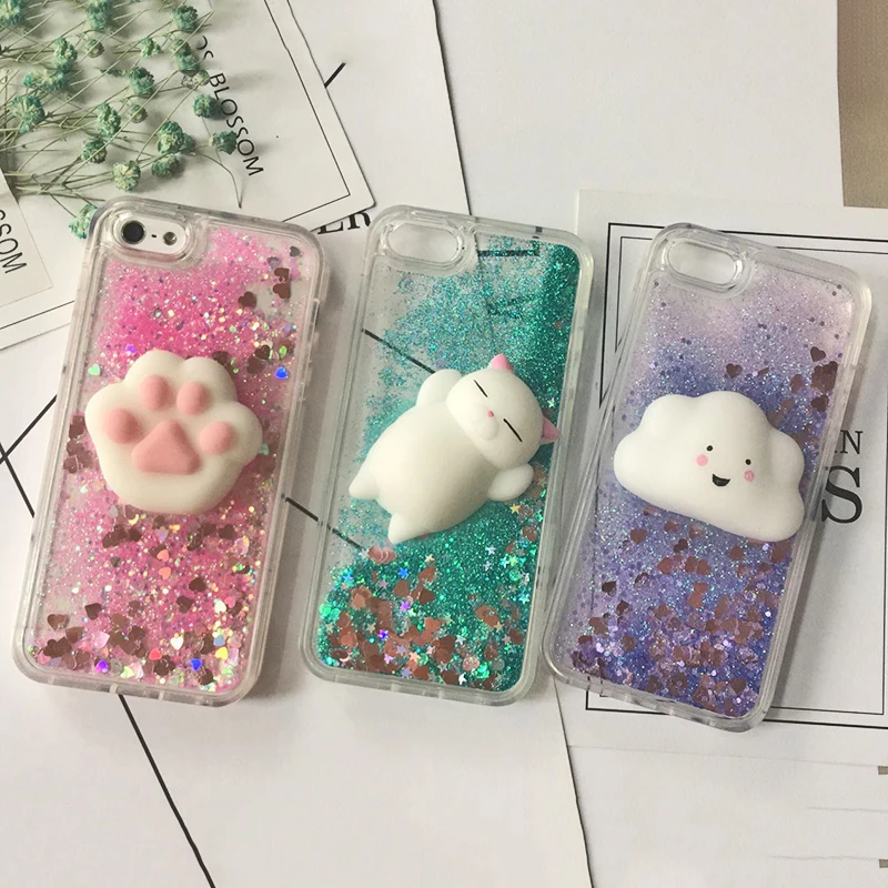 3D Squishy Cat Case For iPhone 5S SE 7 7 Plus Case Liquid Quicksand Glitter Silicone Case For iPhone 8 Plus Xs Xr 6s Cover Coque