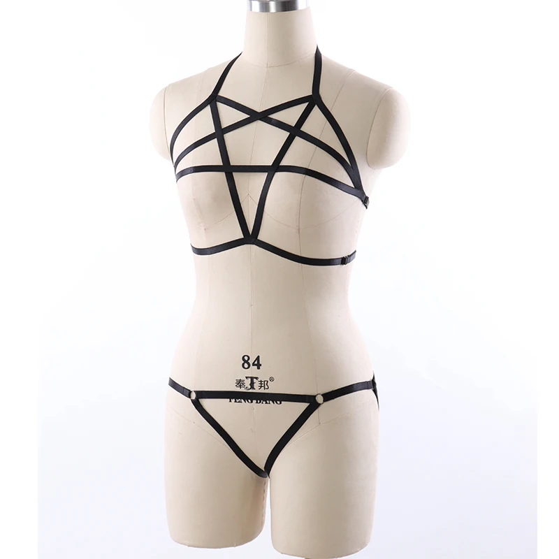 BODY HARNESS Goth Fetish Pole Dance Wear Pentagram Cage Bra Black Adjust Sexy Lingerie T-back Bondage Belt Body Harness Set