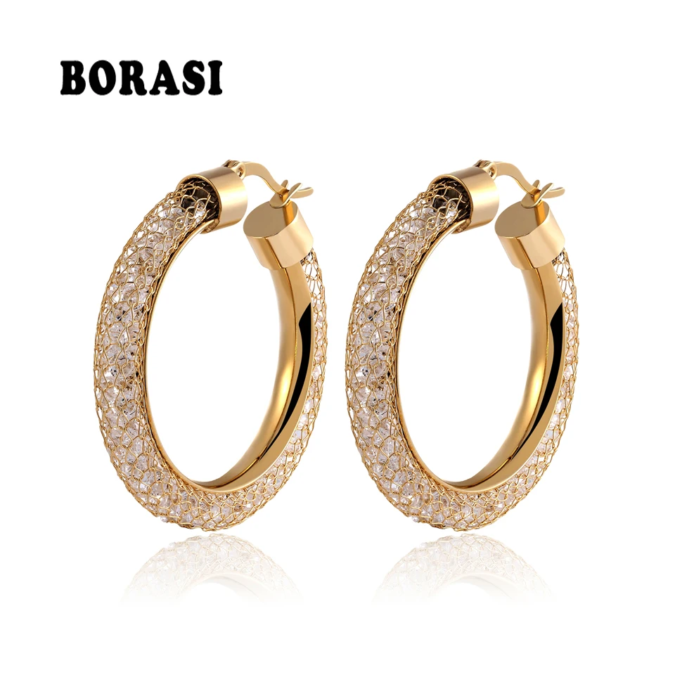 BORASI Gold Color Stainless Steel Shiny Crystal Earrings Fashion Circle Round Crystal Big Dangle Earrings Engagement For Women