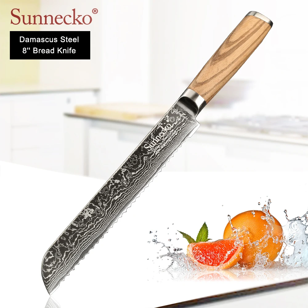 

SUNNECKO 8 inch Bread Knives 73 Layers Damascus Steel Japanese VG10 Kitchen Knife Original Wood Handle Cake Toast Cutting Tool