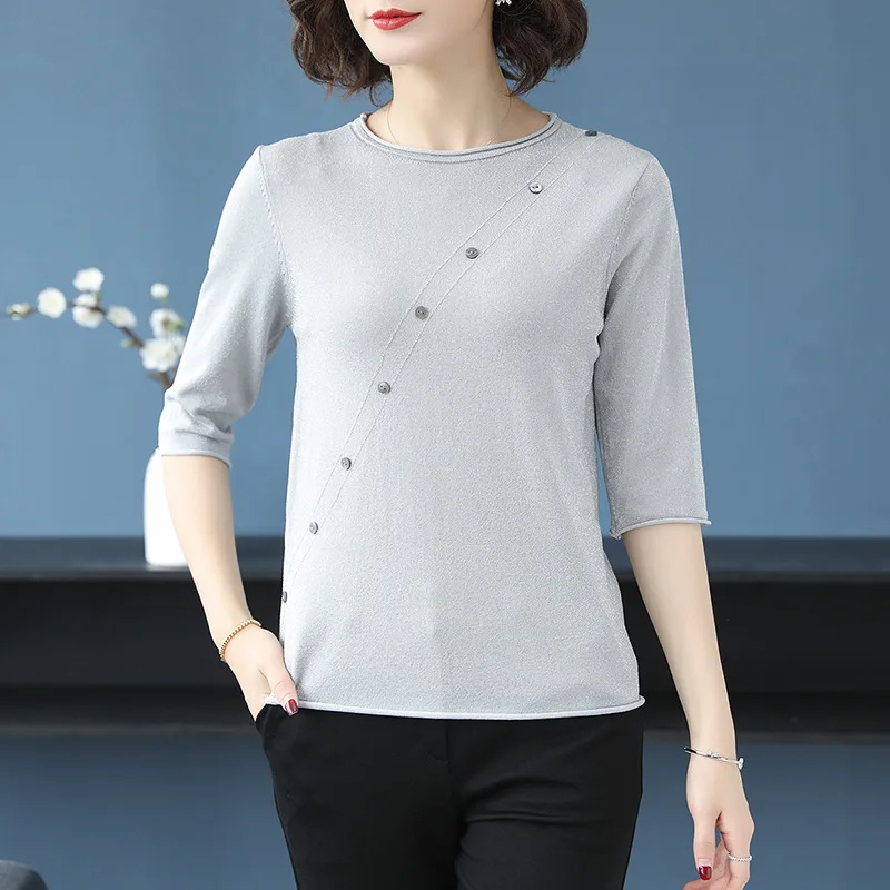 

Round Collar Knitted T-shirt Women Spring Summer Half Sleeve Solid Color Button Top Female Casual Fashion Bottom T-shirts H9328