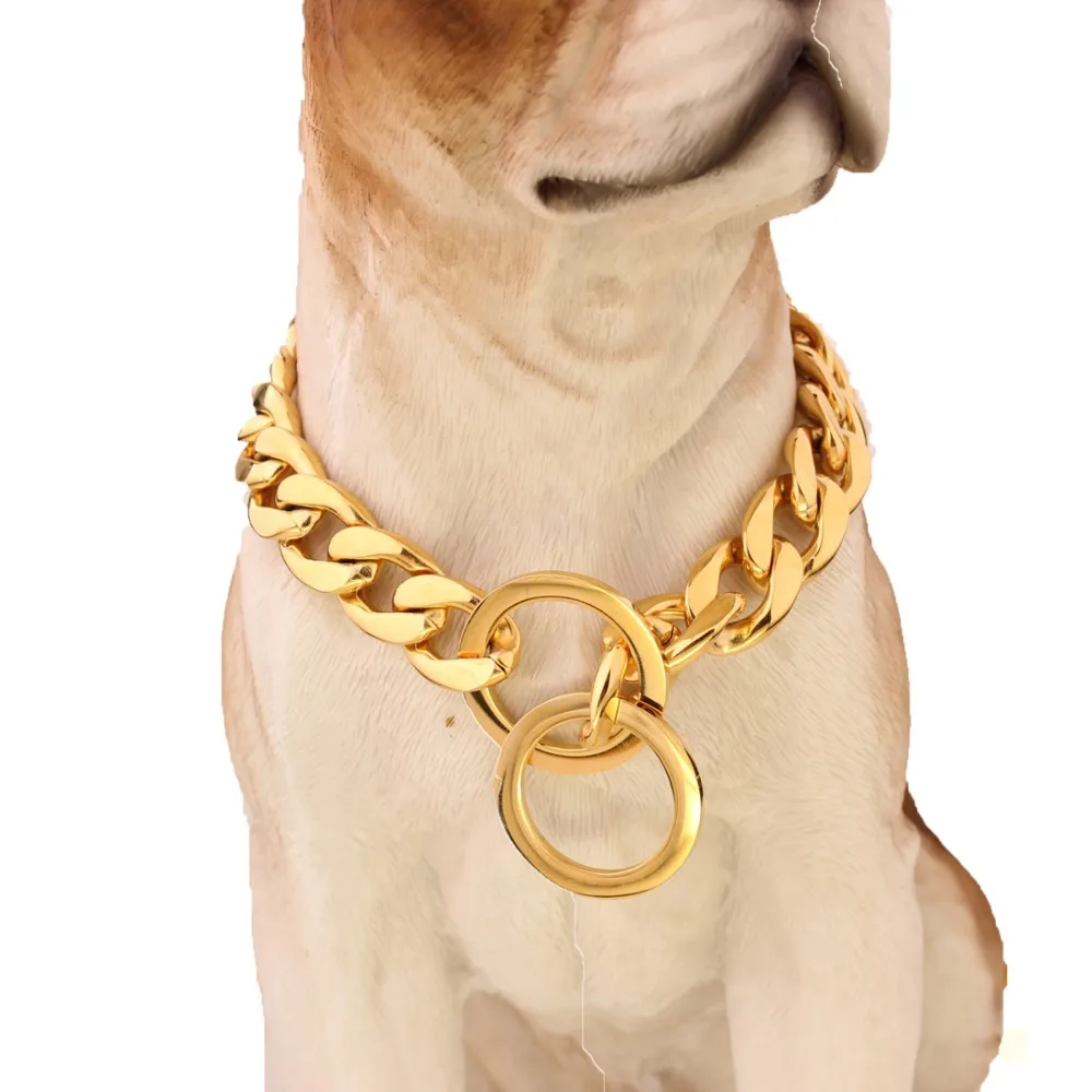 13/15MM High Quality 316L Stainless Steel Gold Color 1:1 NK Cuban Curb Link Chain Pet Dogs Collar Choker Necklace 12