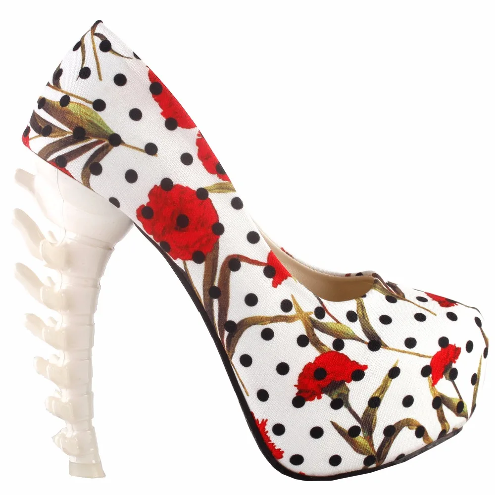 LF80610 Beige Skull Rose Print Platform Bone Heel Party Club Pumps