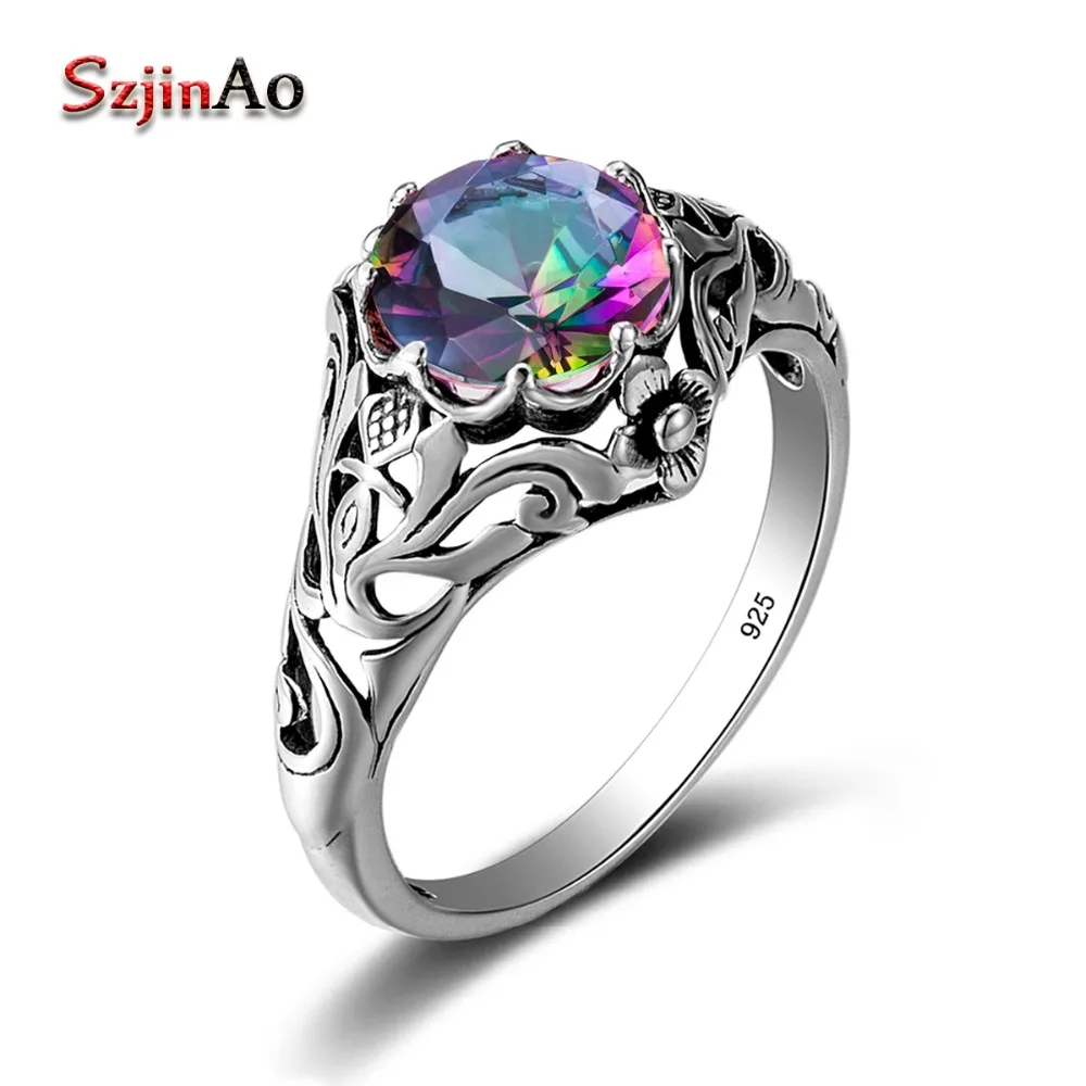 Szjinao moda okrągły wzór srebrny 925 biżuteria pierścionki dla par wieczór panieński mistyczny Topaz srebrne pierścionki top damski bague femme