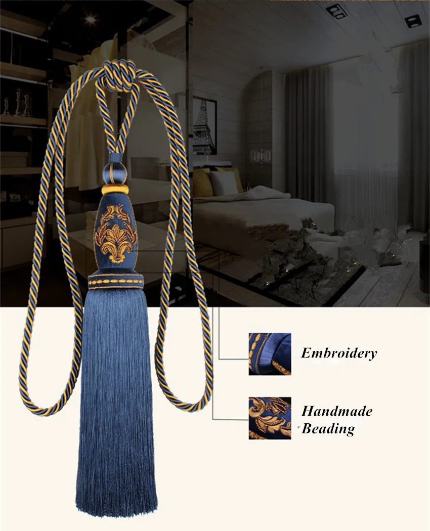 QGVLish Luxury 1Pair Curtain Tassel Fringe Long Tiebacks Straps Hanging Belt Ball Brush Bind Buckle Curtain Holder Tie Tape Back